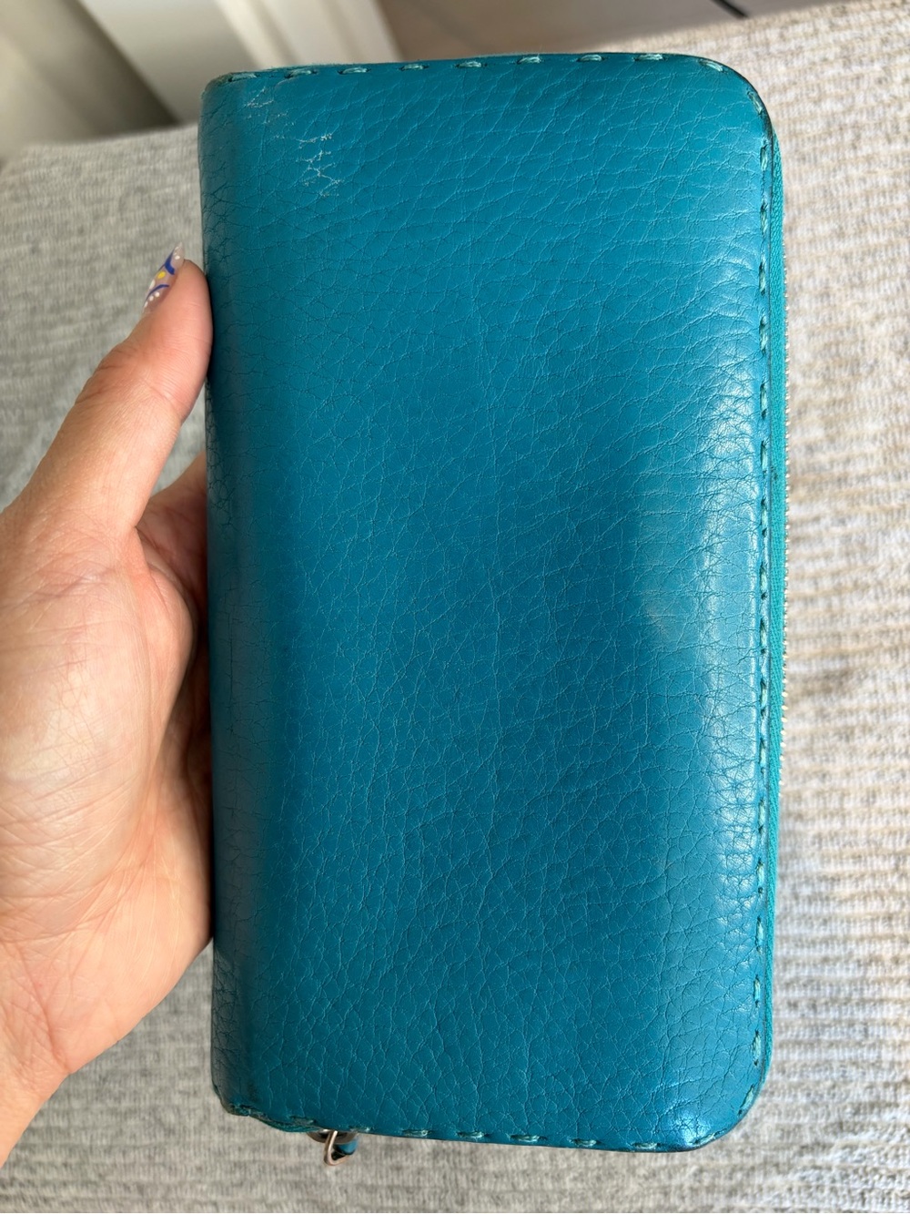 Fendi Selleria Roman Leather Large Zip around wallet. Teal/Peacock Blue - Picture 8 of 15